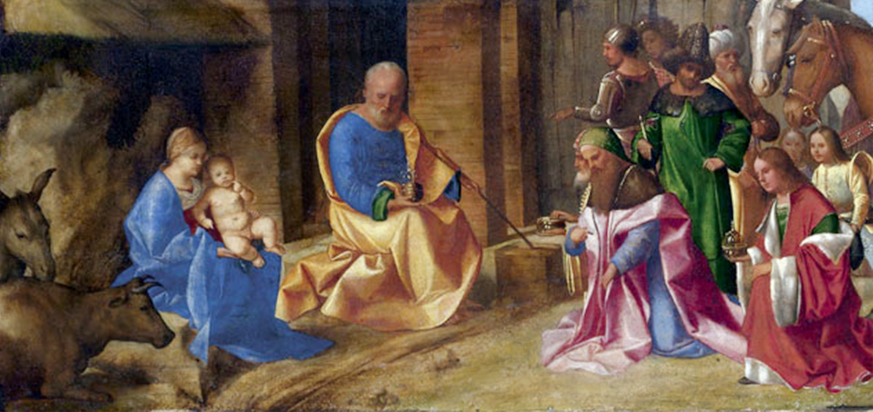 Tarjeta de Navidad apaisada con La adoración de los Magos de Giorgione, de la National Gallery de Londres, modelo 70