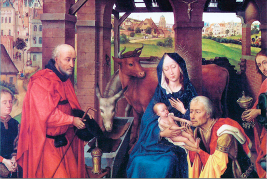 Tarjeta de Navidad con La Adoración de los Magos de Rogier van der Weyden, tríptico de Santa Columba, modelo 42b