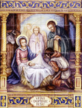 Tarjeta de Navidad con la Adoración de los Pastores en un azulejo de un patio de Trapiche, Gran Canaria, modelo 73