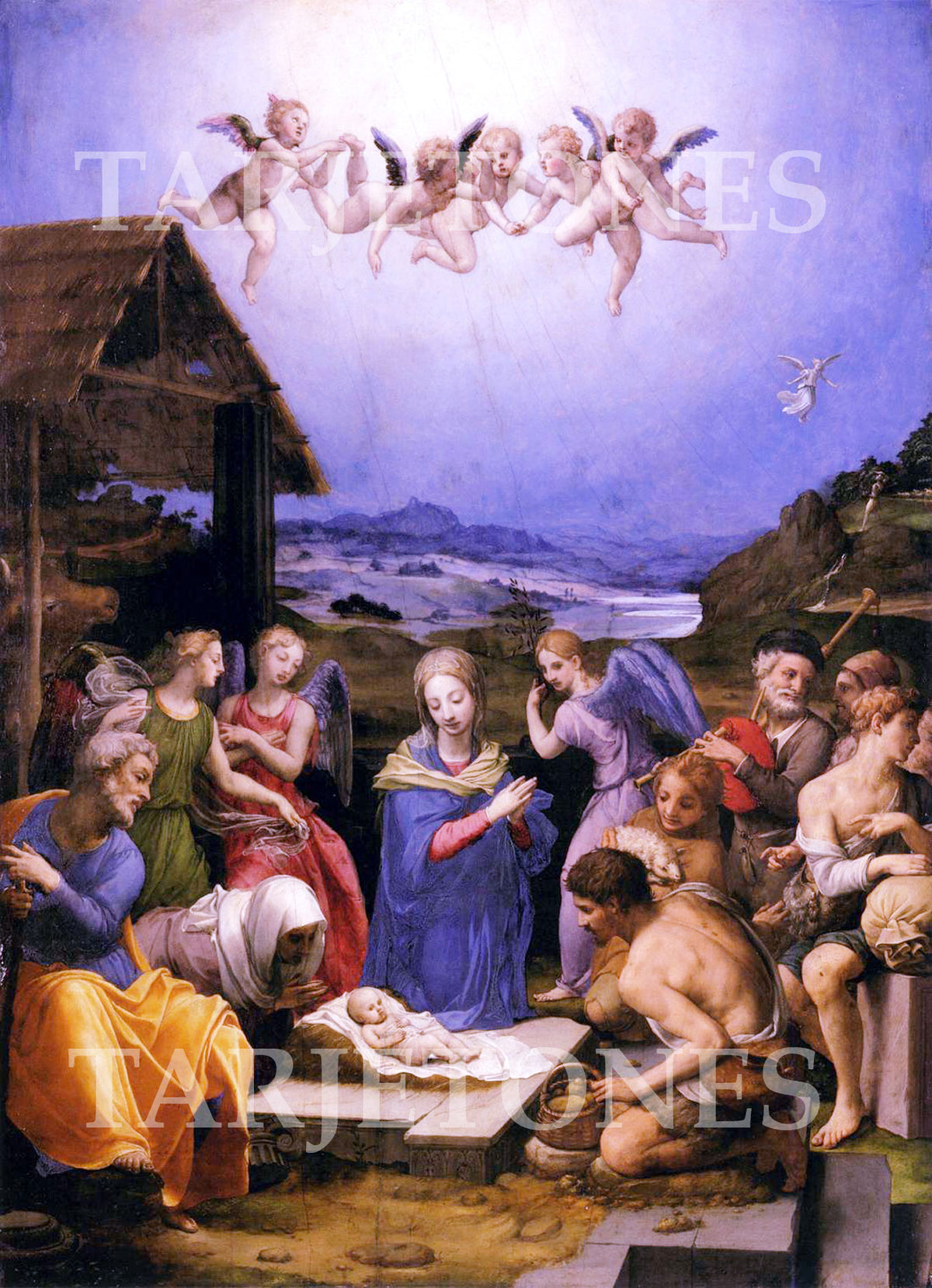 Tarjeta de Navidad con la Adoración de los pastores de Agnolo Bronzino, modelo 79