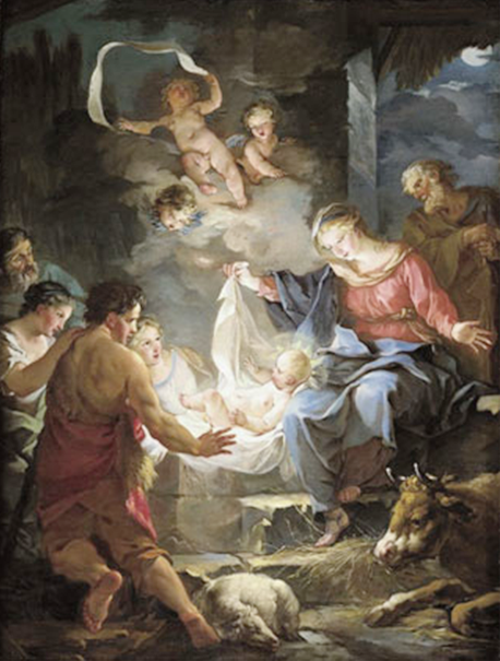 Tarjeta de Navidad clásica con la Adoración de los Pastores ante el pesebre, modelo 59