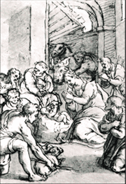 Tarjeta de Navidad con la Adoración de los Pastores, dibujo de Giovanni Battista Ricci del Teylers Museum, modelo 21