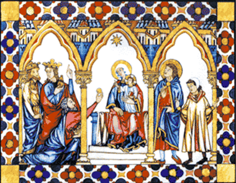 Tarjeta de Navidad con la Adoración de los Reyes Magos según las Cantigas de Santa María, modelo 07
