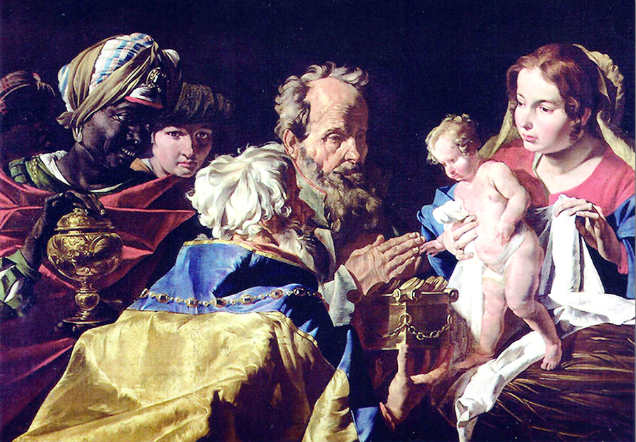 Tarjeta de Navidad con La adoración de los Reyes Magos de Mathias Stomer, modelo 76