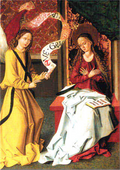 Tarjeta de Navidad desplegable con La Anunciación y la Natividad, tabla de hacia 1480, modelo 45