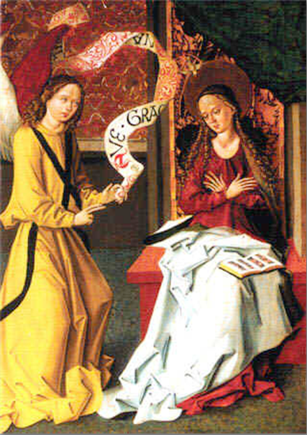 Tarjeta de Navidad desplegable con La Anunciación y la Natividad, tabla de hacia 1480, modelo 45