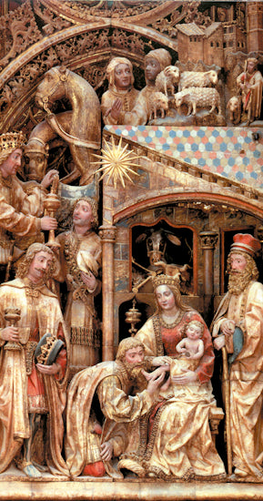 Tarjeta de Navidad apaisada con la escena de la Epifanía del retablo de La Seo de Zaragoza, modelo 28