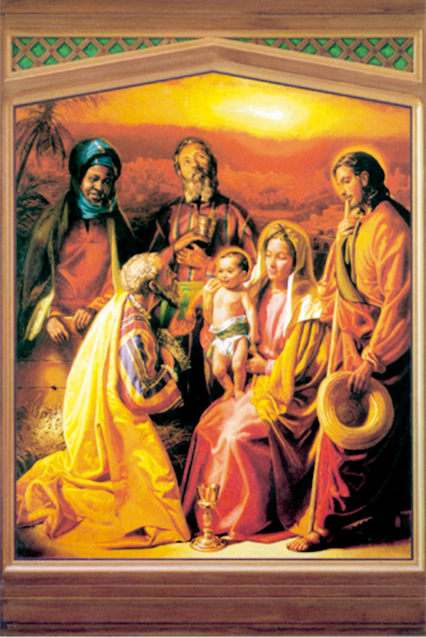 Tarjeta de Navidad con la Epifanía y la Adoración de los Reyes Magos, óleo de Armando Pareja, modelo 03