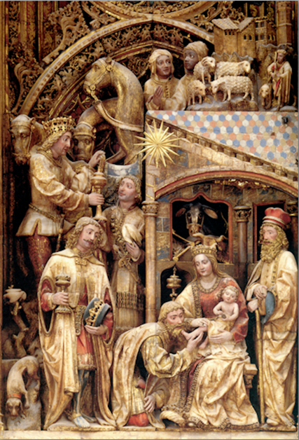 Tarjeta de Navidad con la escena de la Epifanía del retablo mayor de La Seo de Zaragoza, modelo 20