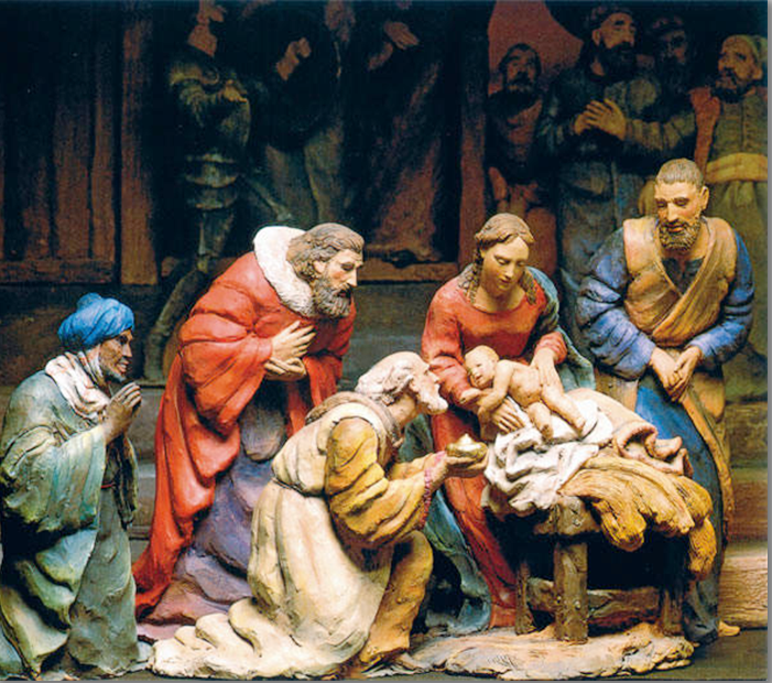 Tarjeta de Navidad desplegable con la Epifanía modelada en terracota policromada, modelo 62