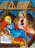 Tarjeta de Navidad con el Nacimiento de Cristo y el anuncio a los pastores, miniatura del maestro de Narbona, modelo 49