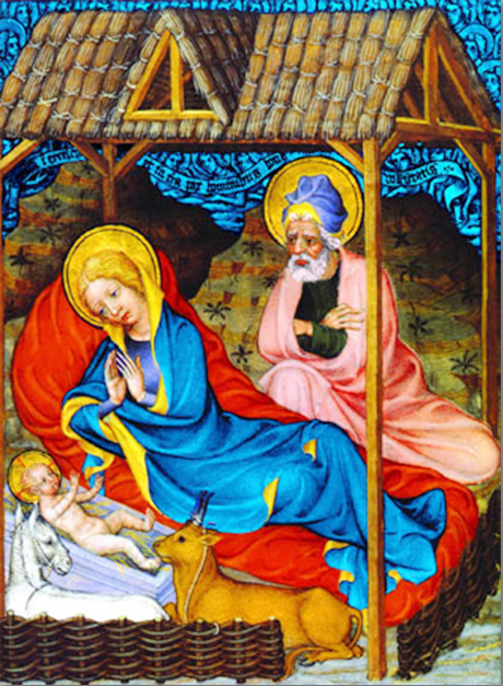 Tarjeta de Navidad con el Nacimiento de Cristo y el anuncio a los pastores, miniatura del maestro de Narbona, modelo 49