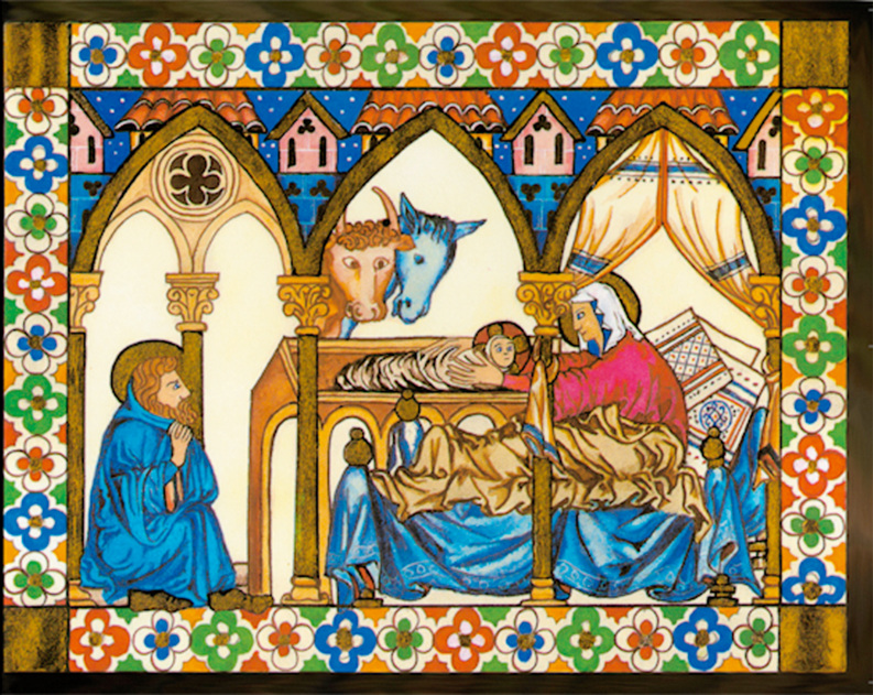 Tarjeta de Navidad con el nacimiento del Señor en el portal de Belén, diseño sobre las Cantigas, modelo 06