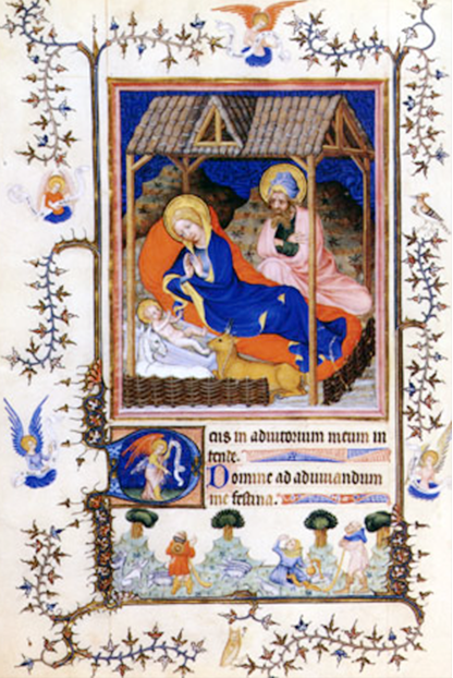 Tarjeta de Navidad con el nacimiento de Jesús, miniatura del maestro de ornamentación de Narbona, modelo 48