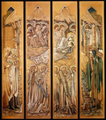 Tarjeta de Navidad desplegable con La Natividad de Burne-Jones, cartón para la vidriera de St. David's Church, modelo 43