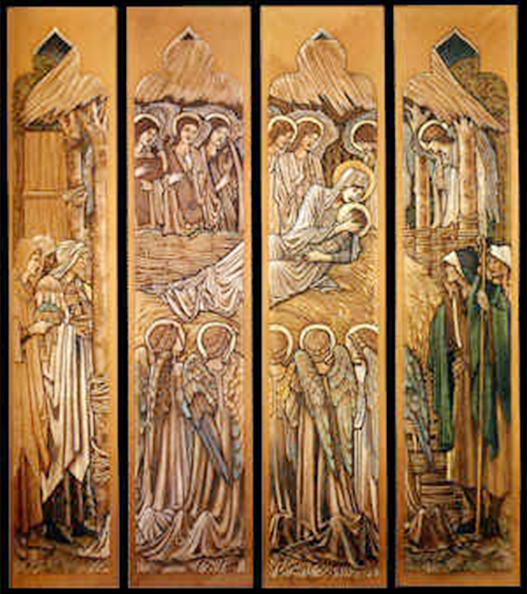 Tarjeta de Navidad desplegable con La Natividad de Burne-Jones, cartón para la vidriera de St. David's Church, modelo 43