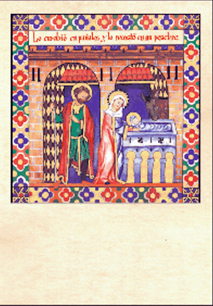 Tarjeta de Navidad con el Niño Jesús acostado en el pesebre, diseño sobre las Cantigas de Santa María, modelo 01