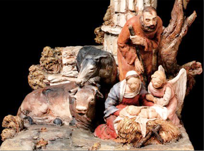 Tarjeta de Navidad con una escena de la Natividad en terracota policromada, modelo 61